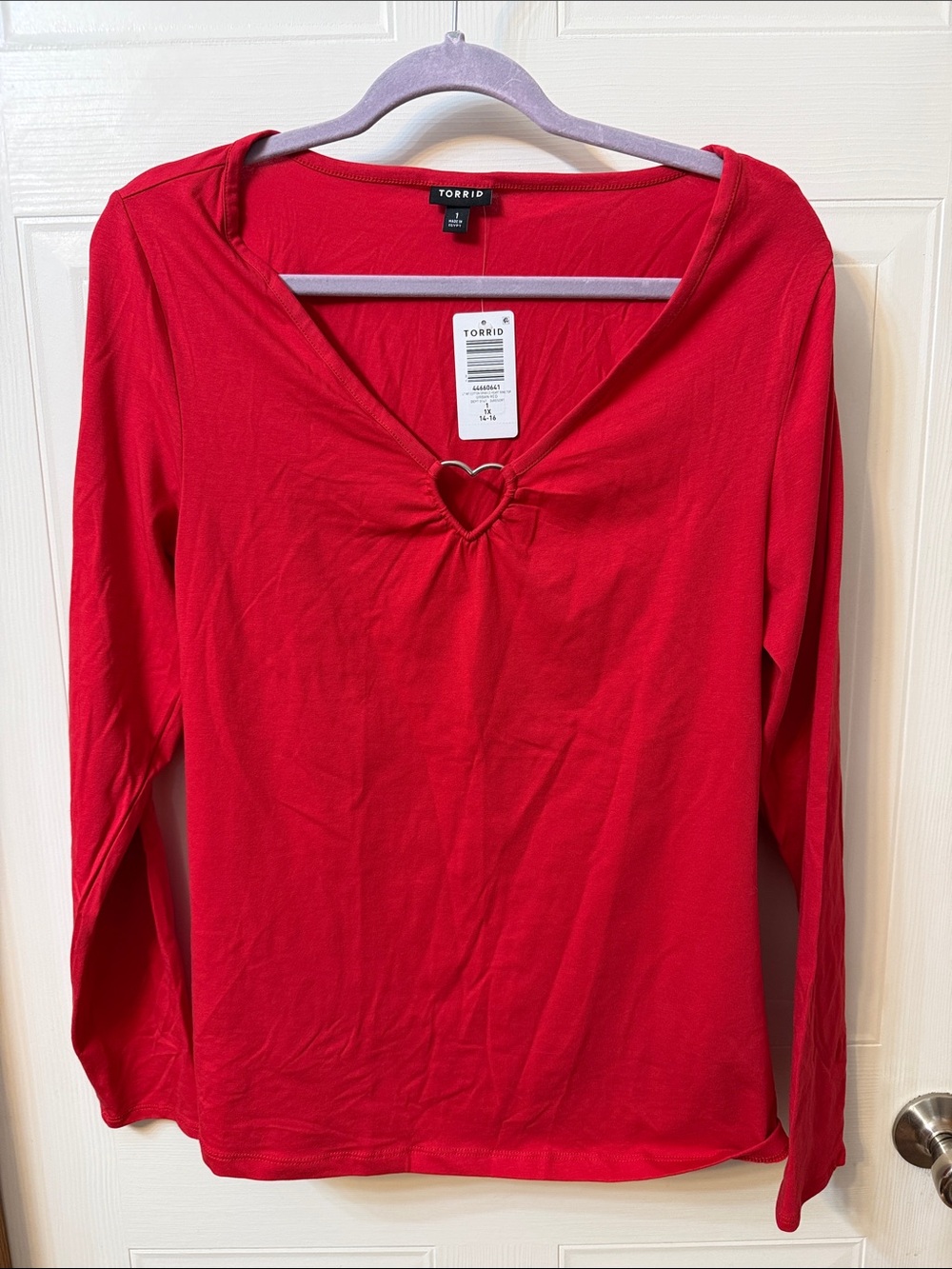 torrid Bright Red Long Sleeve V-Neck Top with Heart Ring